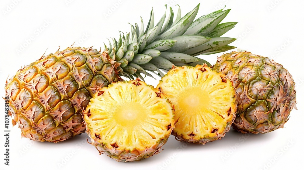 Fresh Pineapple Isolated on a White Background Showcasing Whole and Sliced Fruit Perfect for Culinary and Promotional Use in Food Photography Fresh Pineapple Isolated on a White Background Showcasing Whole and Sliced Fruit Perfect for Culinary and Promotional Use in Food Photography