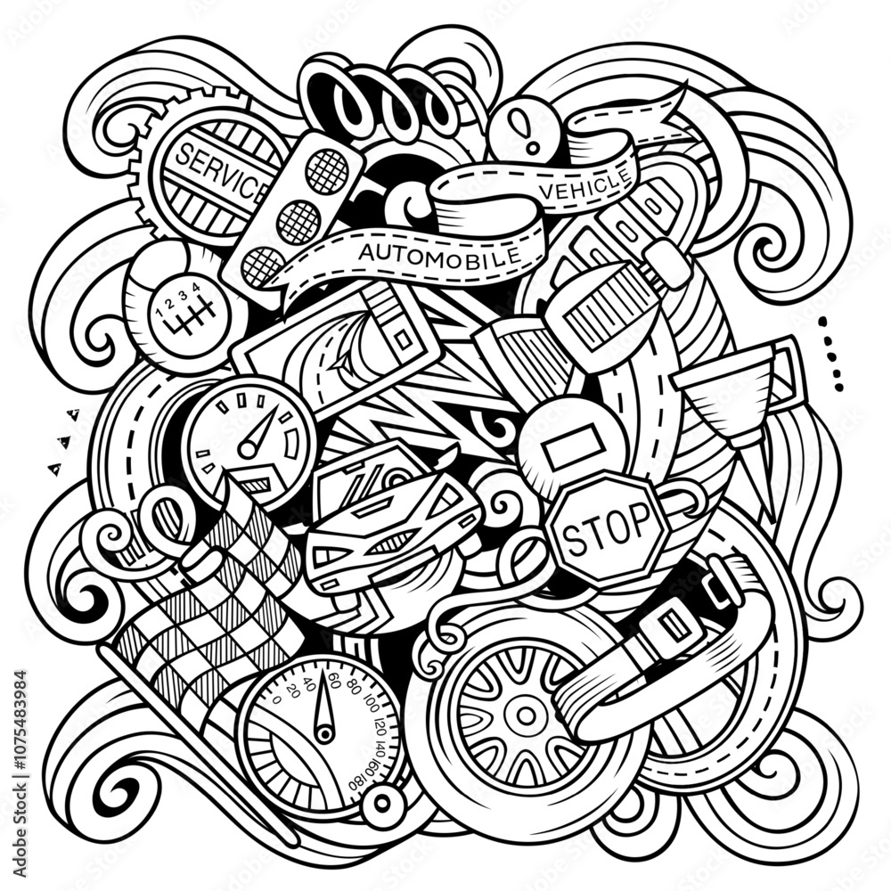 Auto Service cartoon vector illustration. Detailed composition with lot of Automotive objects and symbols Auto Service cartoon vector illustration. Detailed composition with lot of Automotive objects and symbols