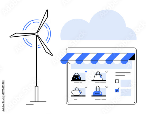 Wind turbine generating energy adjacent to an online shopping window with various items displayed. Ideal for e-commerce, renewable energy, sustainability, technology integration, green shopping