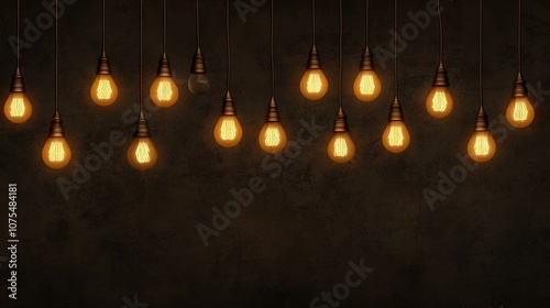 Warmly illuminated hanging light bulbs cast a golden glow against a dark, textured wall, creating a cozy atmosphere for any setting