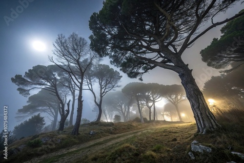 Dense fog wraps around ancient trees of mount cucco at night in umbria Italy, umbrian landscape, rural Italy, atmospheric landscape, ancient trees photo