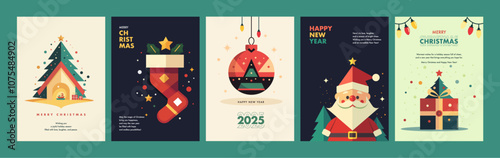 Series of Christmas cards featuring Santa Claus, a Christmas tree, and a Christmas stocking. The cards are colorful and feature a festive mood