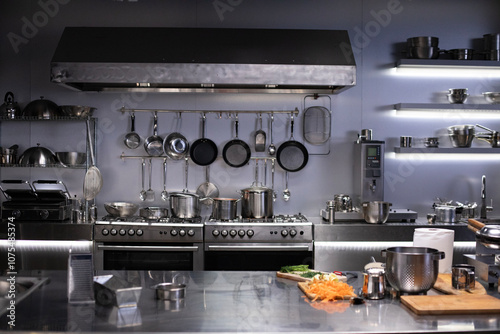 Fototapeta Naklejka Na Ścianę i Meble -  Interior of restaurant kitchen with professional utensils, out of focus