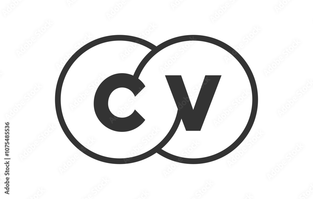 CV business company emblem with outline rounds and letters c v. Logo template of two merged circles for brand identity, logotype. Vector Infinity symbol CV business company emblem with outline rounds and letters c v. Logo template of two merged circles for brand identity, logotype. Vector Infinity symbol