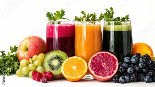 Fresh and Vibrant Juices in Glasses Surrounded by a Variety of Colorful Fruits and Greens on a White Background