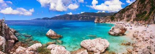 lefkada Ionian island of Greece . best scenic beaches - beautiful Agiofili with turquoise crystal sea and picturesque rocks near Viasiliki