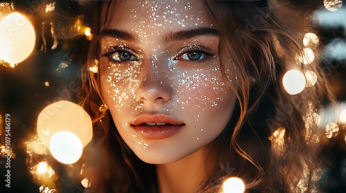 A beautiful young woman with glitter on her skin, glamorous and festive, sense of celebration and beauty, radiant and elegant, holiday sparkle.