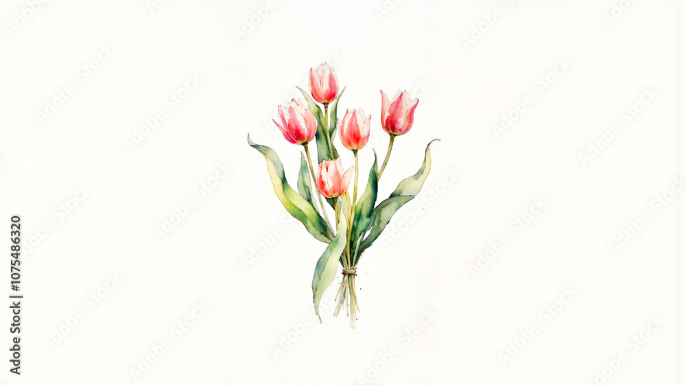 Delicate watercolor tulips with green leaves on white background Delicate watercolor tulips with green leaves on white background