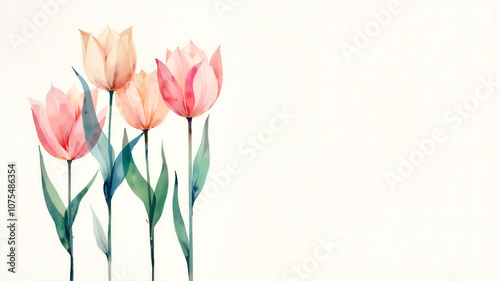 Elegant transparent tulips in soft watercolor pastels on minimalistic white background