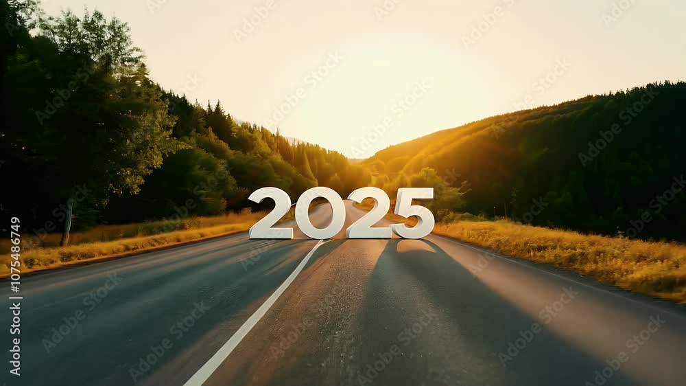 The number 2025 displayed road surrounded nature trees green 4k 4kery sunset symbolizing new beginnings connection environmental consciousness future goals year ahead annual background begin