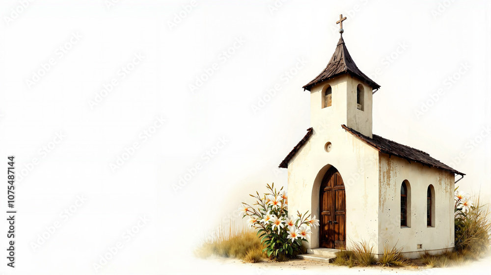 Fototapeta premium Charming vintage church surrounded by blooming lilies and tranquil nature