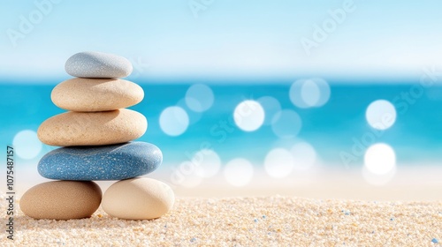 A serene arrangement of blue pebbles on a sunlit beach with a blurred seascape, creating a peaceful and calming atmosphere