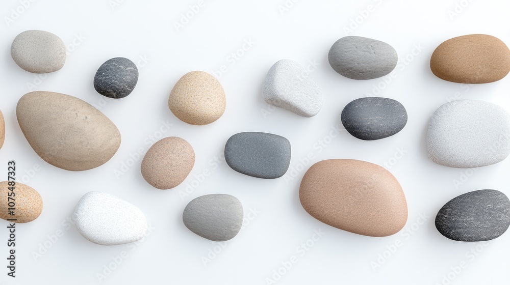 A serene collection of assorted pebbles and rocks elegantly scattered on a clean white background A serene collection of assorted pebbles and rocks elegantly scattered on a clean white background