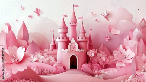 Fototapeta Naklejka Na Ścianę i Meble -  Princess castle pink flower garden background. 3D pastel watercolor illustration, paper craft cut effect abstract digital artwork. Fairy tale landscape. Birthday invitation card festive season banner 