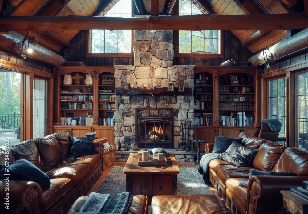 A library with a reading room filled with leather-bound books. A library with a reading room filled with leather-bound books.