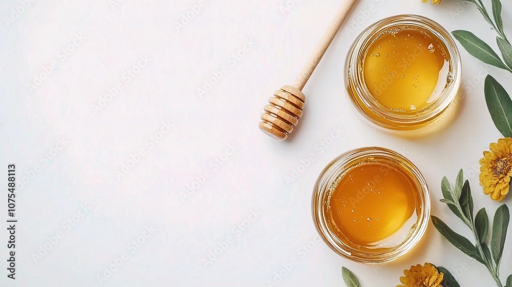 Jar of Honey with Wooden Dipper Isolated on White Background, Perfect for Healthy Cooking and Natural Sweetening, Beautifully Arranged with Floral Accents Jar of Honey with Wooden Dipper Isolated on White Background, Perfect for Healthy Cooking and Natural Sweetening, Beautifully Arranged with Floral Accents