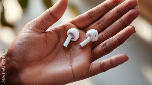 Close-up of Stylish Wireless Earbuds in a Hand - High-Quality Portable Audio Technology photo