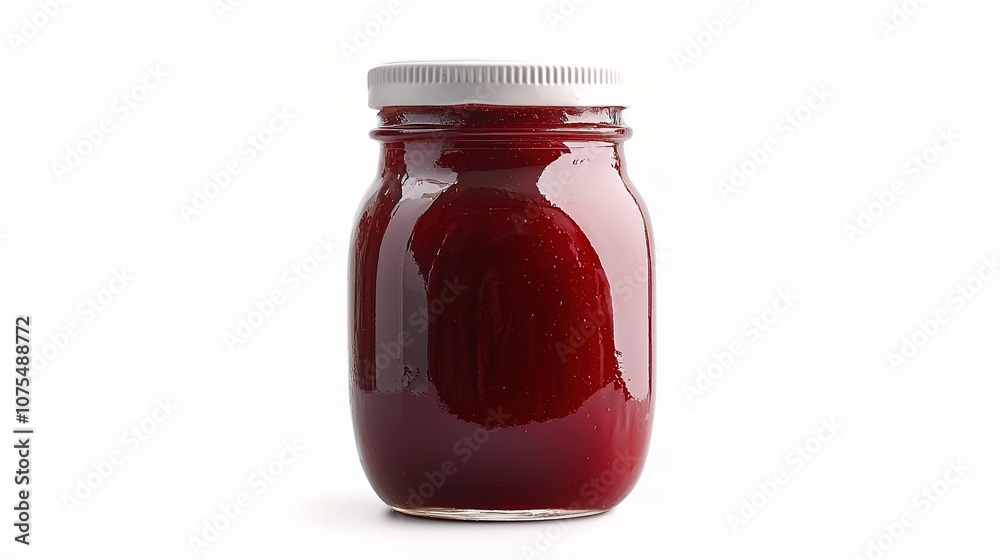Isolated Jar of Strawberry Jam Set Against a Clean White Background Featuring Bright Red Color and Smooth Texture Perfect for Culinary Imagery and Food Photography Isolated Jar of Strawberry Jam Set Against a Clean White Background Featuring Bright Red Color and Smooth Texture Perfect for Culinary Imagery and Food Photography