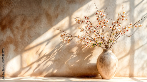 Intérieur zen minimaliste baigné de soleil avec un bouquet dans un vase photo