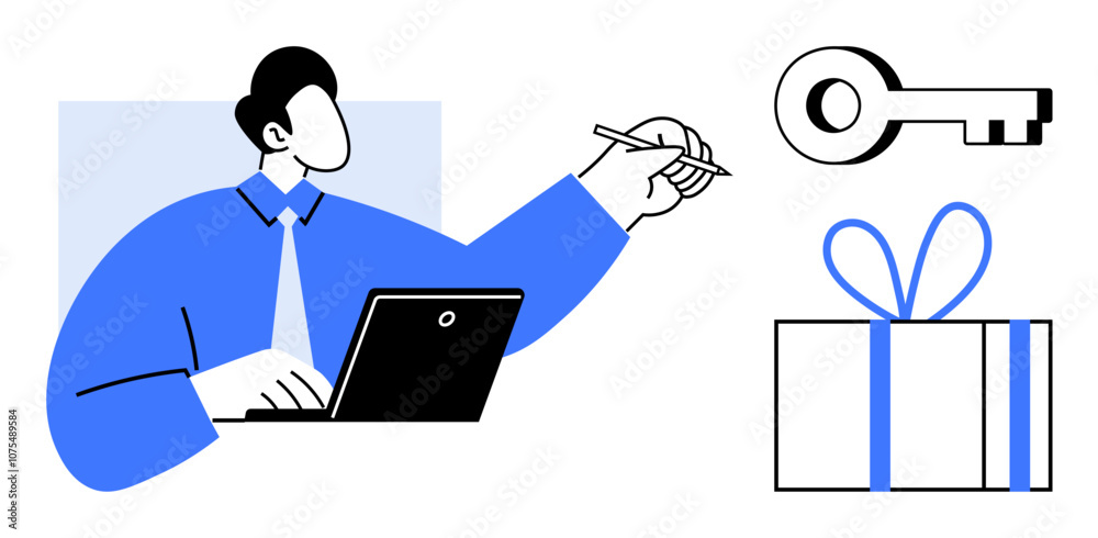 Man working on laptop while holding pen. Key and gift box in view. Ideal for business, success, rewards, achievements, opportunities, innovation digital. Line metaphor Man working on laptop while holding pen. Key and gift box in view. Ideal for business, success, rewards, achievements, opportunities, innovation digital. Line metaphor