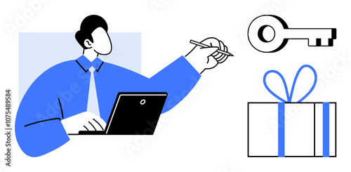 Man working on laptop while holding pen. Key and gift box in view. Ideal for business, success, rewards, achievements, opportunities, innovation digital. Line metaphor