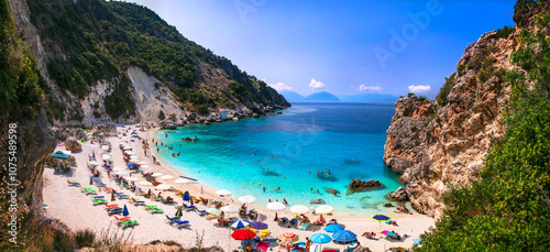 lefkada Ionian island of Greece . best scenic beaches - beautiful Agiofili with turquoise crystal sea and picturesque rocks near Viasiliki