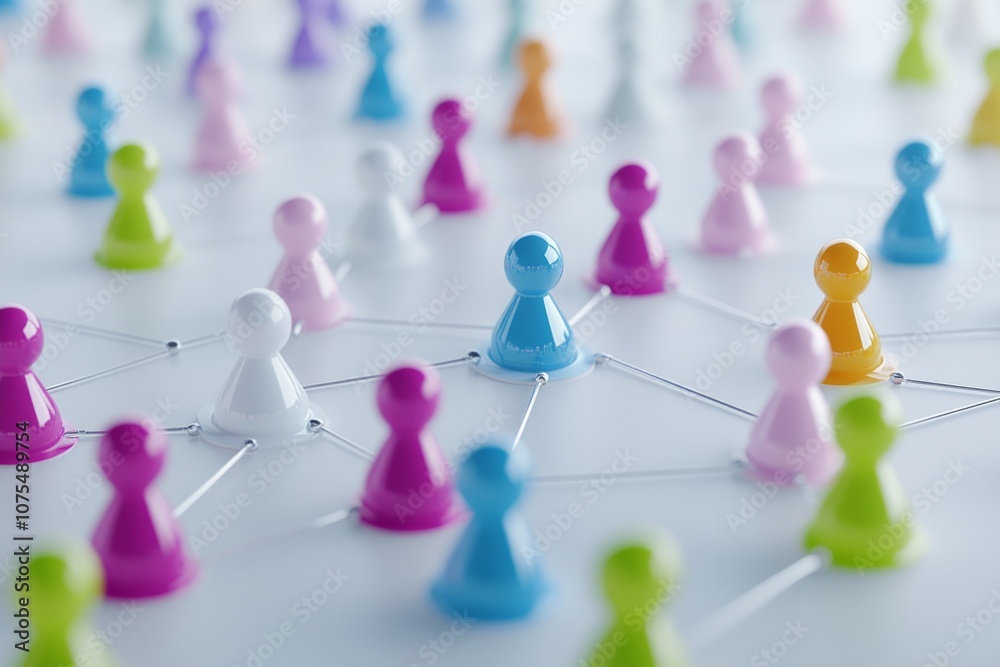 © Natalia - Multicolored 3D figures connected on a grid representing teamwork and digital connectivity in a creative setting