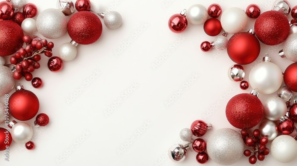 Festive red and silver Christmas garland creating a charming border on a blank canvas perfect for seasonal greetings and holiday decorations Festive red and silver Christmas garland creating a charming border on a blank canvas perfect for seasonal greetings and holiday decorations