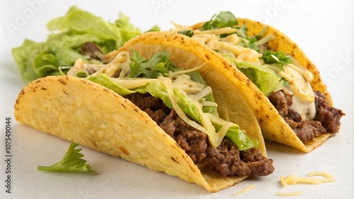 Beef tacos with melted cheese and fresh lettuce leaves on a crispy corn tortilla, meals, food, savory snacks