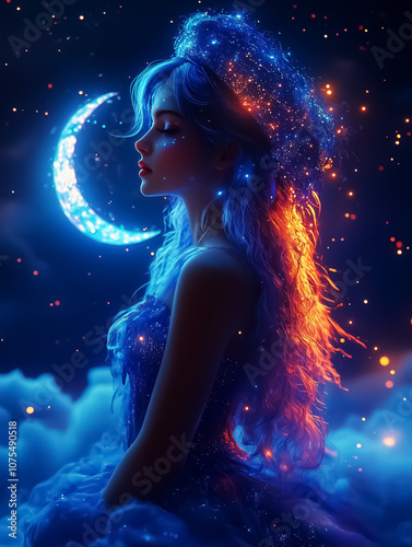 Ethereal cosmic portrait of a woman against a starry night sky with a crescent moon, perfect for wall art, posters, and mystical decor. photo