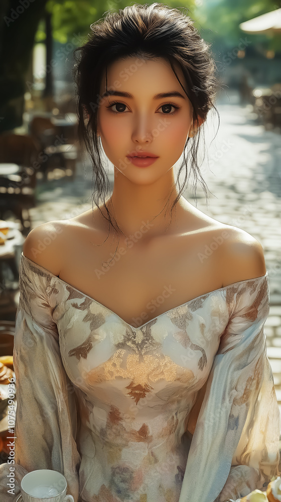 Naklejka premium Elegant portrait of a woman in traditional attire at an outdoor cafe, perfect for wall art or lifestyle branding, capturing serenity and grace.