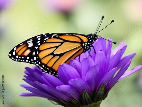 Close-up of a monarch butterfly's wings resting on the velvety soft petals of a deep purple flower, insect behavior, wildlife images