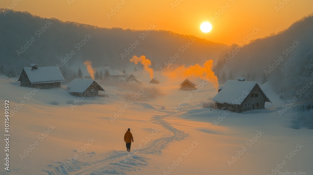 A lone hiker walks towards a village nestled in a snowy valley at sunset.