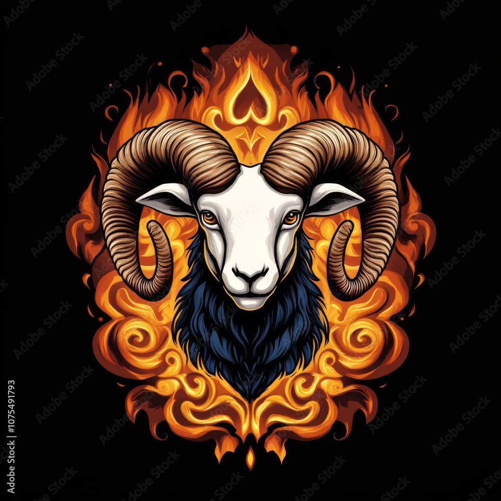 Aries ram with bold horns, surrounded by fire, courageous spirit Aries ram with bold horns, surrounded by fire, courageous spirit