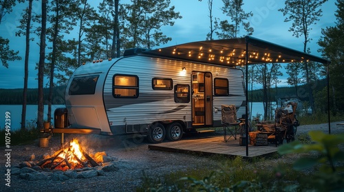A cozy campervan nestled in the woods, bathed in the warm glow of a crackling campfire and twinkling fairy lights, evokes a sense of serenity and escape. 