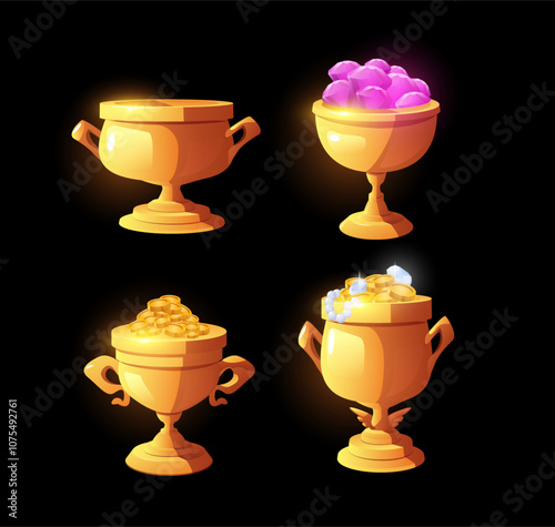 Award trophy gold cups with jewelry, gold coins, gemstones vector icon set, game victory winner prize treasures goblet
