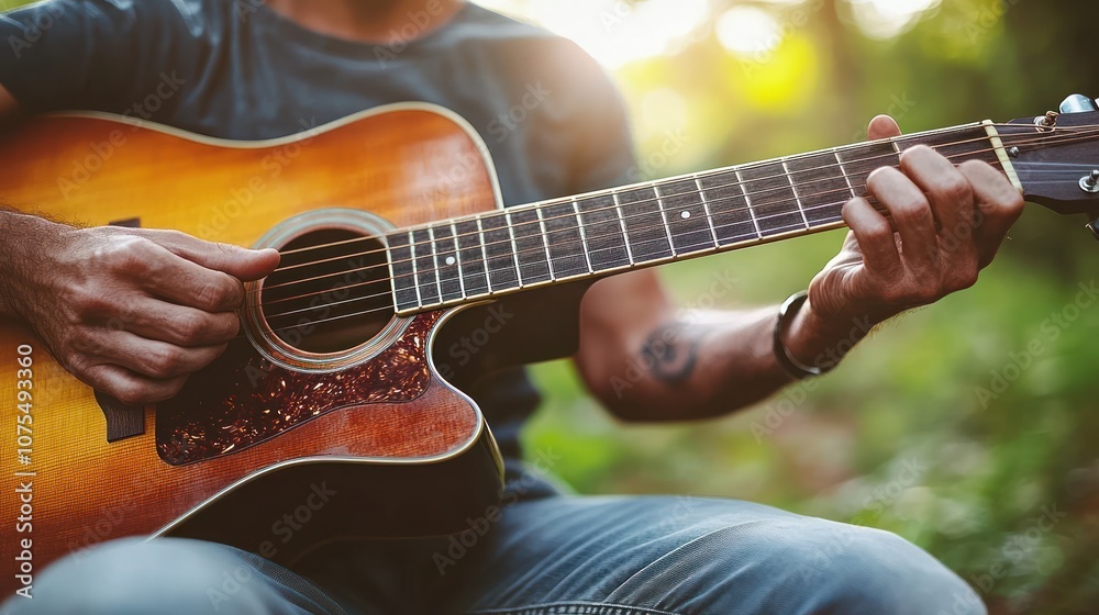 Obraz premium A man plays an acoustic guitar in a forest setting.