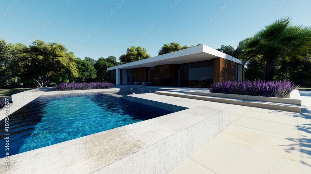 Fototapeta premium Modern Poolside View of Luxurious Home