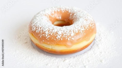 Donut with generous helping of powdered sugar and delicate icing design, powdered sugar, food styling