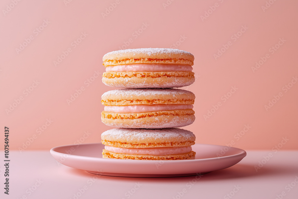 Delicious Alfajores with Strawberry Cream Filling. Sweet Argentinian Cookies with Powdered Sugar Topping. Stack of delicate Argentinian alfajores on a soft pink background.