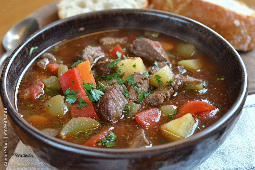 raditional Hungarian Goulash Soup. Classic Hearty Hungarian Goulash, A Flavorful Stew With Tender Beef, Potatoes, And Bell Peppers, Perfect For Comfort Food Lovers And Cold Winter Days. raditional Hungarian Goulash Soup. Classic Hearty Hungarian Goulash, A Flavorful Stew With Tender Beef, Potatoes, And Bell Peppers, Perfect For Comfort Food Lovers And Cold Winter Days.