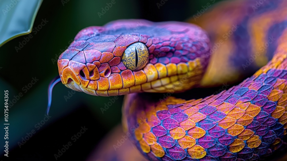 Colorful snake resting on a branch in a lush green environment during daylight Colorful snake resting on a branch in a lush green environment during daylight