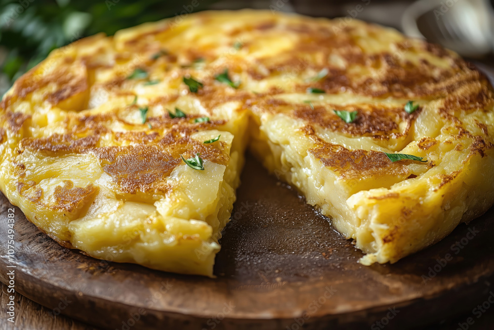 Authentic Spanish Tortilla De Patatas | Traditional Potato Omelette Dish, Showcases The Rich Culinary Heritage Of Spain. The Golden-brown Exterior Gives Way To A Tender, Eggy Interior