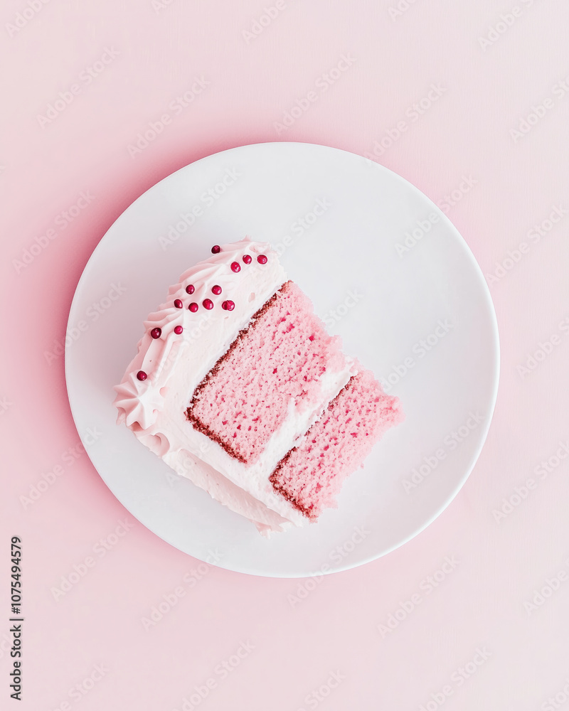 Delicious Pink Velvet Cake Slice on White Plate. Decadent Dessert on Minimalist Background. The vibrant pink hue of the cake contrasts beautifully against the minimalist backdrop
