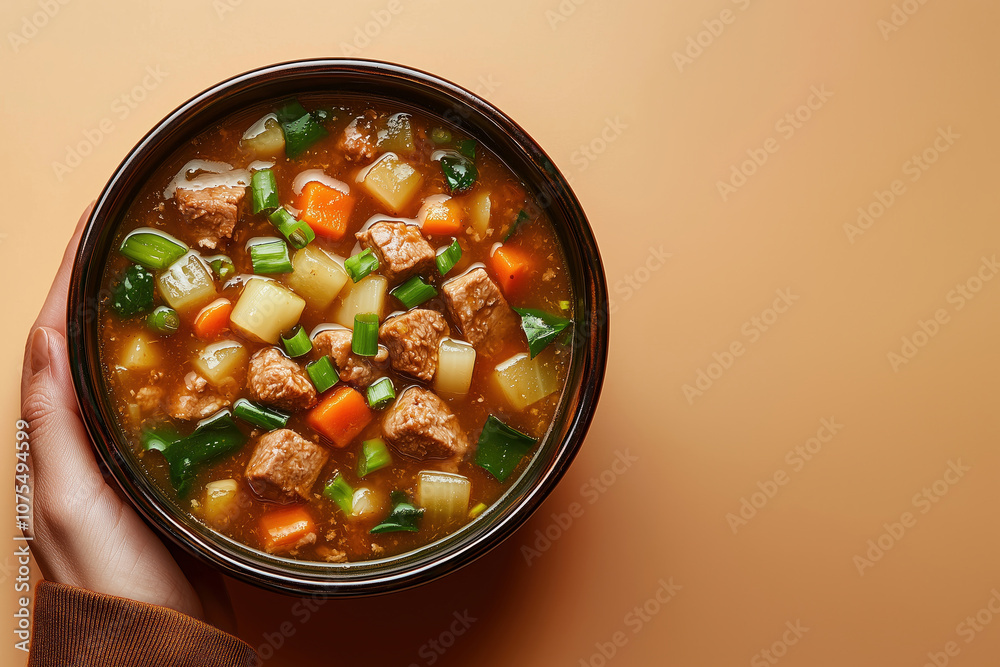 Hearty Pork And Vegetable Miso Soup. Traditional Japanese Tonjiru Dish In Bowl. The Savory Broth Is Filled With Tender Pork Chunks, Potatoes, Carrots, And Green Onions