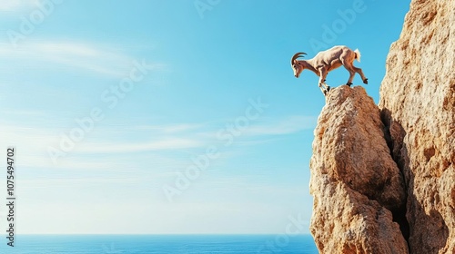 Capricorn goat on steep cliff, determined to climb, symbol of endurance