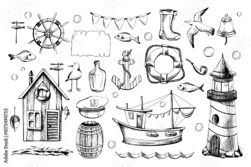 Sea fishing with a lighthouse, boat, cabin, steering wheel, anchor, lifebuoy, barrel, boots, fish and seagulls. Graphic linear drawing, hand drawn in black and white monochrome. nautical. Clip art set