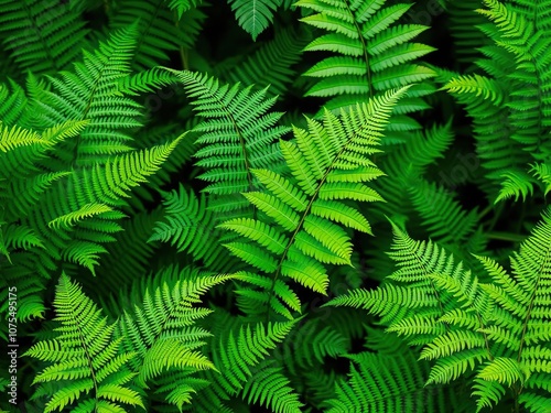 Lush tropical ferns in a bright green garden, botanical settings, tropical ferns, overgrown foliage