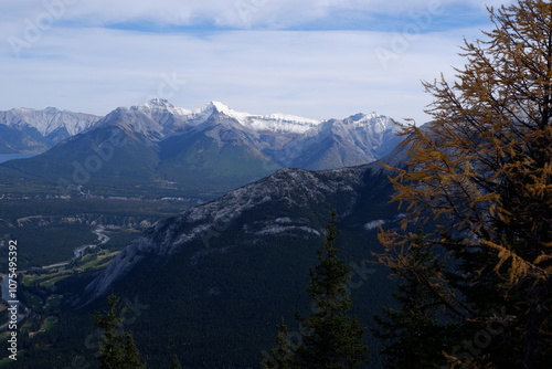 Photo of the Bow Valley, Bow River, Lake Minnewanka, Tunnel Mountain and Mount Rundle within Banff National Park in Alberta, Canada.