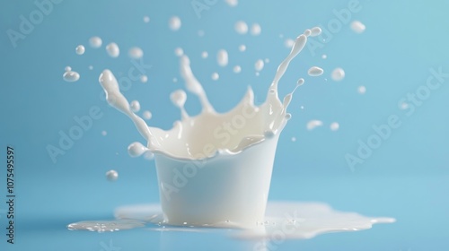 Milk or yogurt splashing against a blue backdrop food illustration in 3D rendering